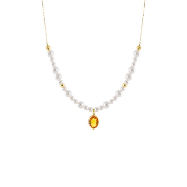 Κολιέ La Dolce Vita ασημένιο επίχρυσο με λευκές πέρλες και champagne ζιργκόν