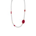 Κολιέ La Dolce Vita ασημένιο επίχρυσο με λευκές πέρλες και κόκκινες πέτρες