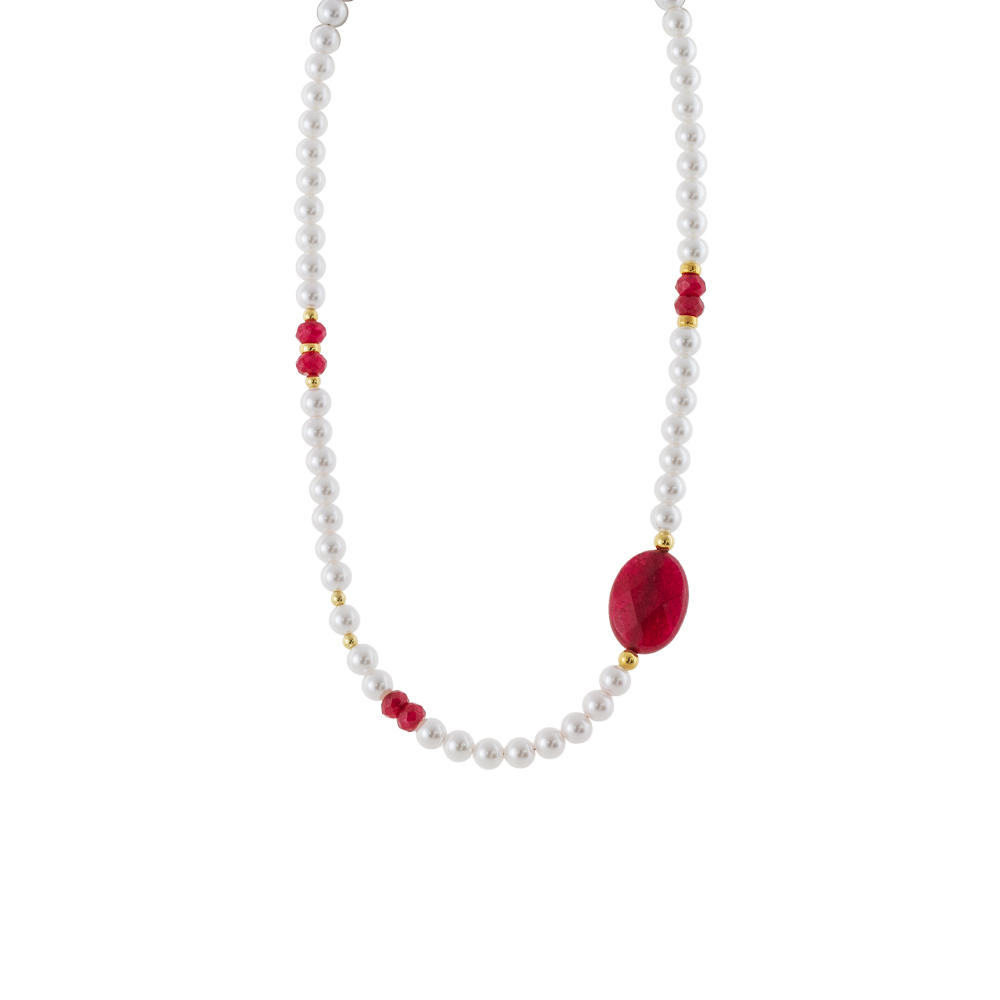01L05-01713 Κολιέ La Dolce Vita ασημένιο επίχρυσο με λευκές πέρλες και κόκκινες πέτρες