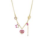 Κολιέ Dolley μεταλλικό επίχρυσο με στοιχεία, φούξια glitter, πέρλα και ζιργκόν