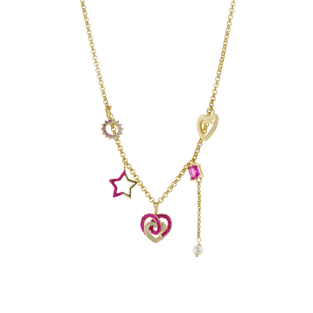 01L15-02172 Κολιέ Dolley μεταλλικό επίχρυσο με στοιχεία, φούξια glitter, πέρλα και ζιργκόν
