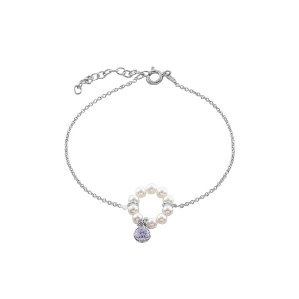 Βραχιόλι La Dolce Vita ασημένιο με λευκές πέρλες και λιλά ζιργκόν