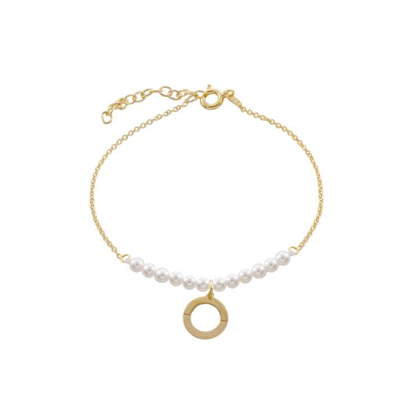 Βραχιόλι Lovely ασημένιο επίχρυσο με λευκές πέρλες και στρογγυλό στοιχείο