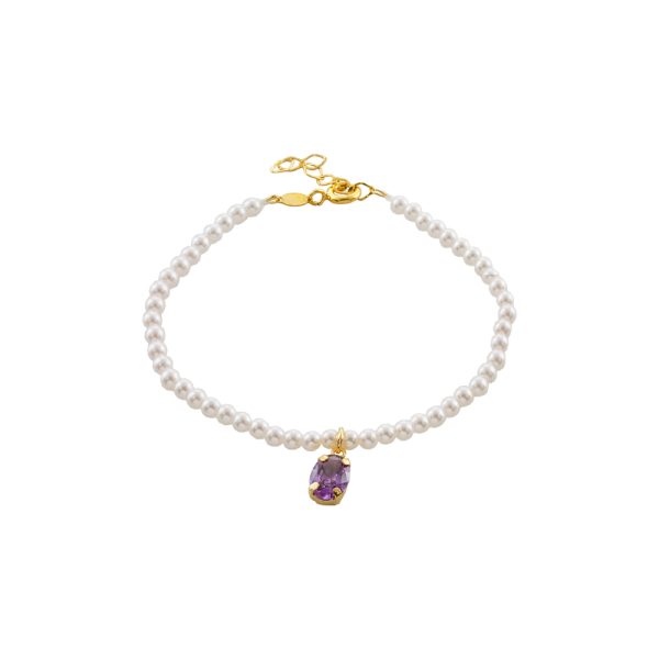 Βραχιόλι La Dolce Vita ασημένιο επίχρυσο με λευκές πέρλες και μωβ ζιργκόν