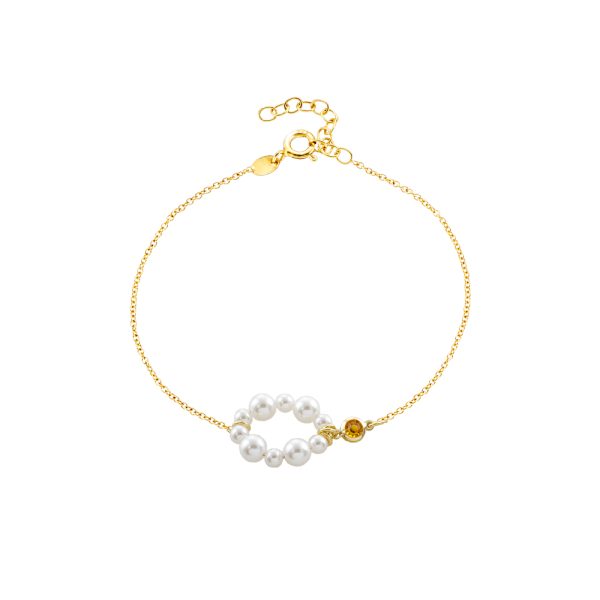 Βραχιόλι La Dolce Vita ασημένιο επίχρυσο με λευκές πέρλες και champagne ζιργκόν