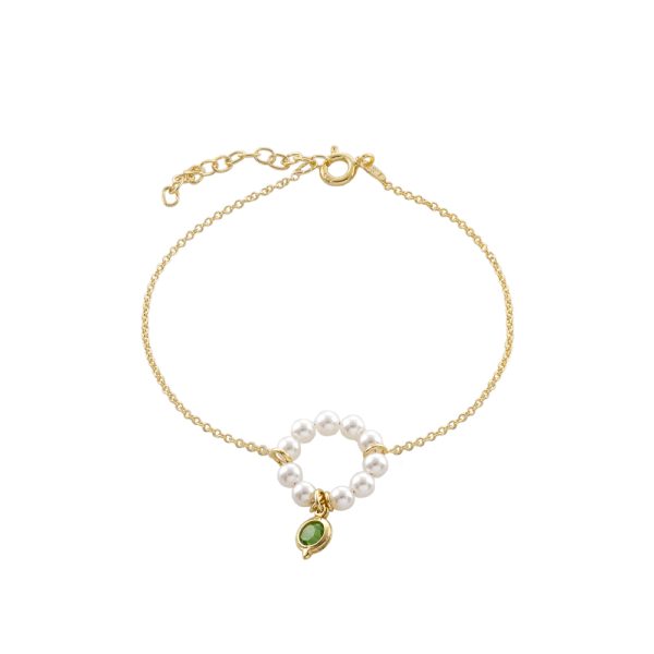 Βραχιόλι La Dolce Vita ασημένιο επίχρυσο με λευκές πέρλες και πράσινο ζιργκόν