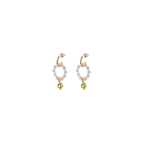 Σκουλαρίκια La Dolce Vita ασημένια επίχρυσα με λευκές πέρλες και πράσινο ζιργκόν