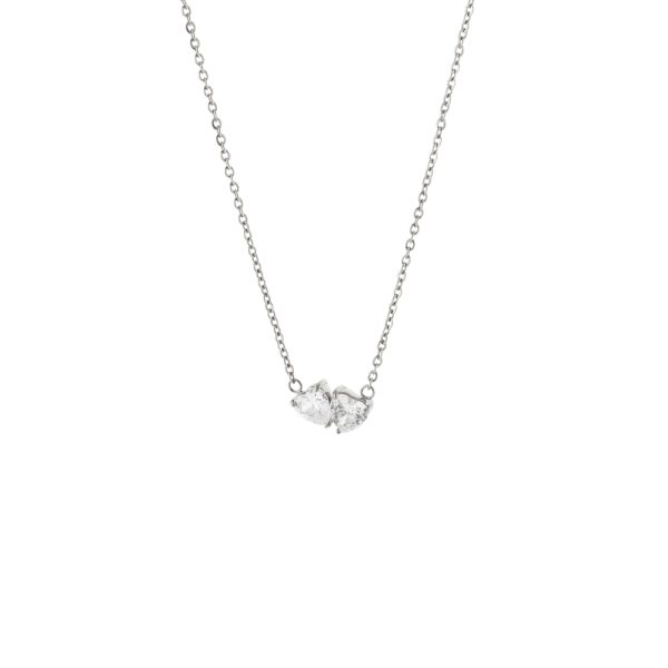 Κολιέ Happy Hearts ατσάλινο με δύο λευκές καρδιές ζιργκόν