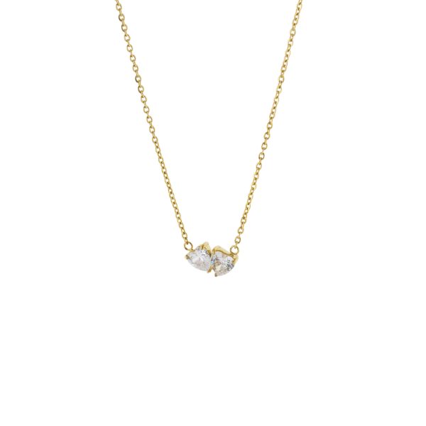 Κολιέ Happy Hearts ατσάλινο επίχρυσο με δύο λευκές καρδιές ζιργκόν
