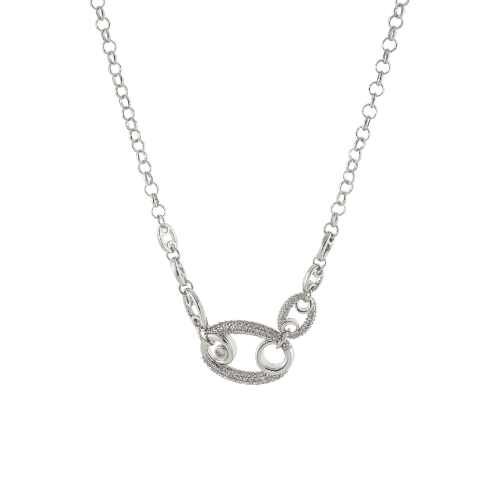 01L15-02194 Κολιέ Links μεταλλικό ασημί με στοιχεία και λευκά ζιργκόν