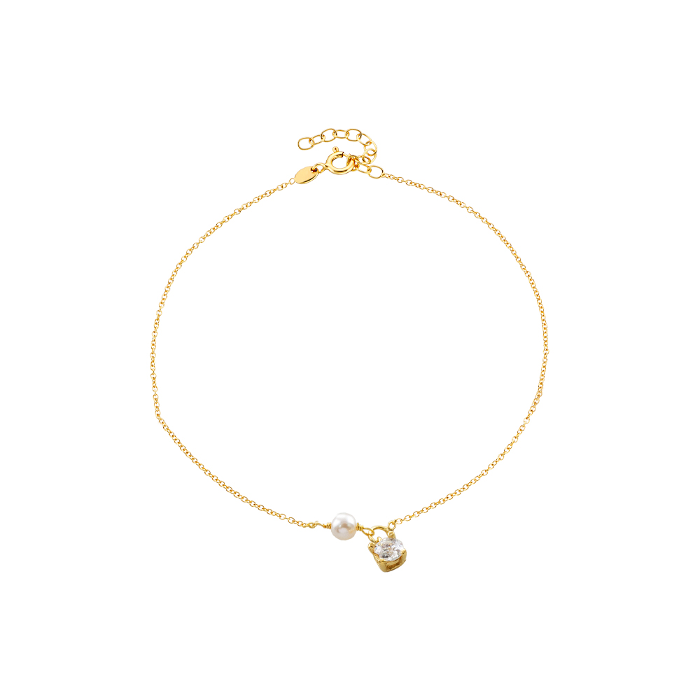 02L05-01221 Βραχιόλι Lovely ασημένιο επίχρυσο με λευκή πέρλα και λευκό ζιργκόν