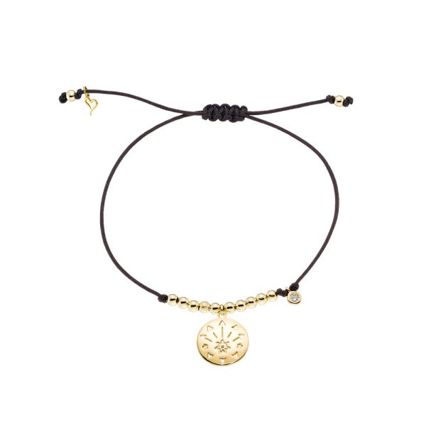 Βραχιόλι Lucky Charm μαύρο κορδόνι με μεταλλικό επίχρυσο στοιχείο και σφαίρες