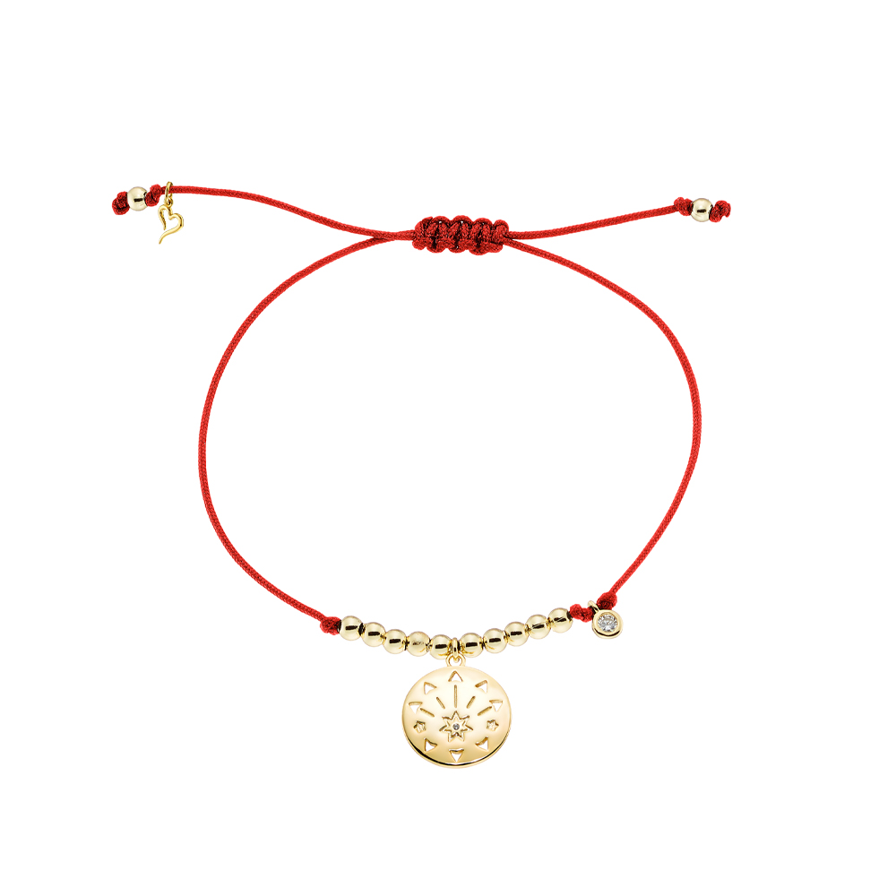 02L15-01933 Βραχιόλι Lucky Charm κόκκινο κορδόνι με μεταλλικό επίχρυσο στοιχείο και ζιργκόν