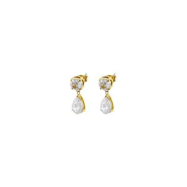 Σκουλαρίκια Happy Hearts ατσάλινα επίχρυσα με στρογγυλό και δάκρυ ζιργκόν