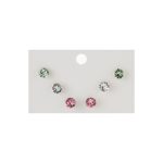 Σκουλαρίκια Tiny μεταλλικά ασημί 3 σετ με στρογγυλά λευκά, ροζ και πράσινα ζιργκόν