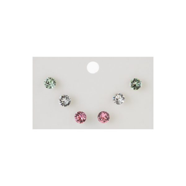 Σκουλαρίκια Tiny μεταλλικά ασημί 3 σετ με στρογγυλά λευκά, ροζ και πράσινα ζιργκόν
