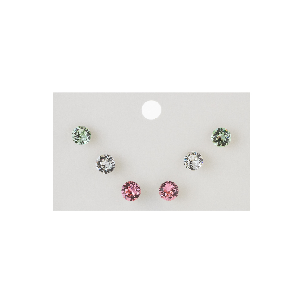 03L15-01885 Σκουλαρίκια Tiny μεταλλικά ασημί 3 σετ με στρογγυλά λευκά, ροζ και πράσινα ζιργκόν