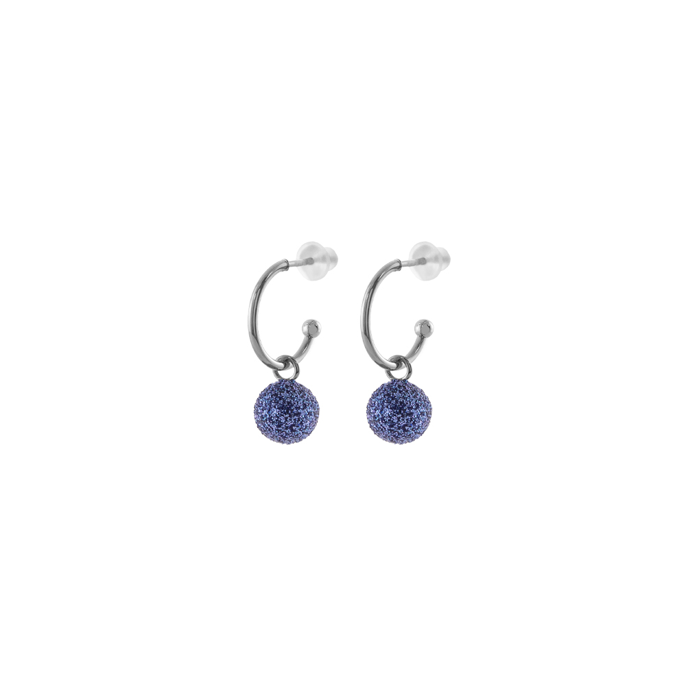 03L15-01898 Σκουλαρίκια Fireball μεταλλικά ασημί κρικάκια με μπλε glitter