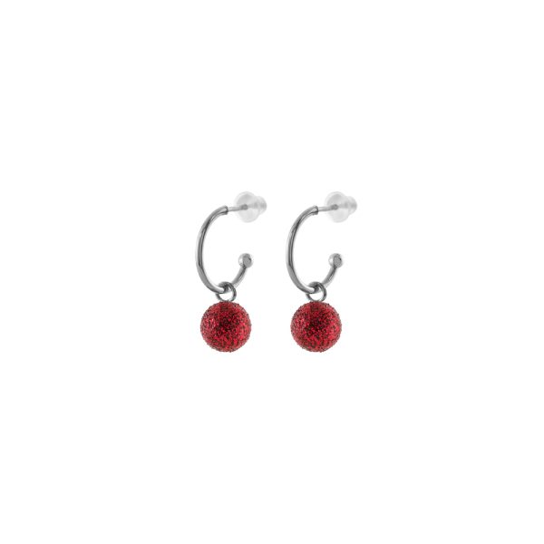 Σκουλαρίκια Fireball μεταλλικά ασημί κρικάκια με κόκκινο glitter