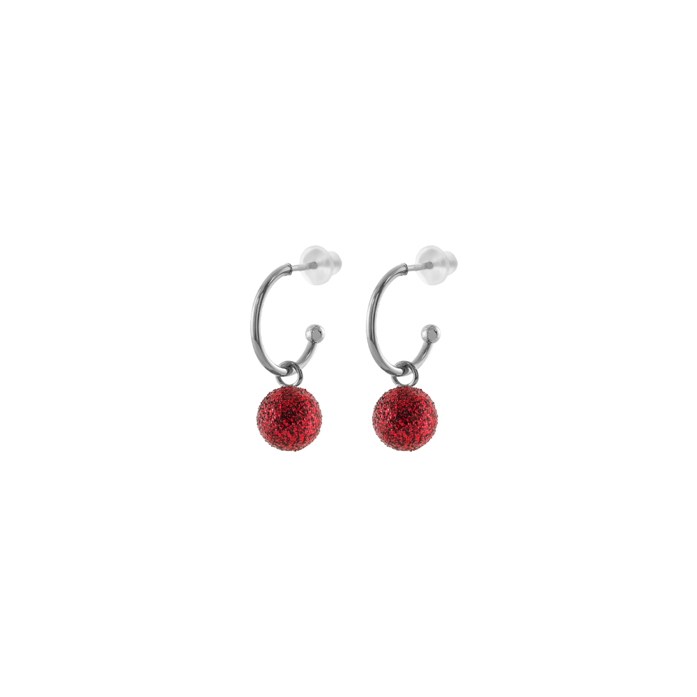 03L15-01899 Σκουλαρίκια Fireball μεταλλικά ασημί κρικάκια με κόκκινο glitter