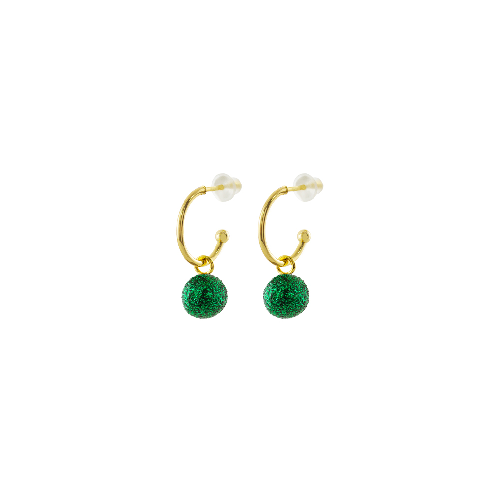 03L15-01902 Σκουλαρίκια Fireball μεταλλικά επίχρυσα κρικάκια με πράσινο glitter