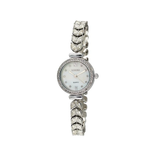 Ρολόι Moonflower με ασημί μεταλλικό μπρασελέ με κρύσταλλα και λευκό mop καντράν