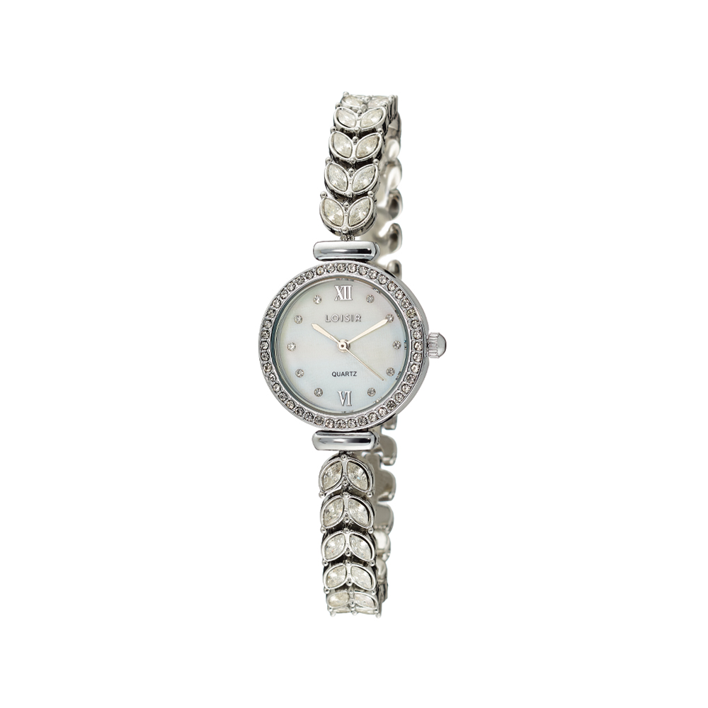 11L03-00594 Ρολόι Moonflower με ασημί μεταλλικό μπρασελέ με κρύσταλλα και λευκό mop καντράν