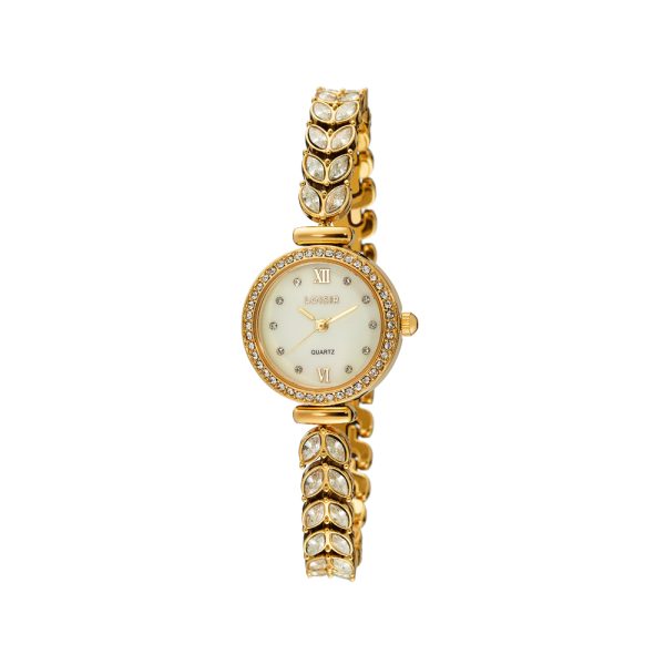 Ρολόι Moonflower με επίχρυσο μεταλλικό μπρασελέ με κρύσταλλα και λευκό mop καντράν