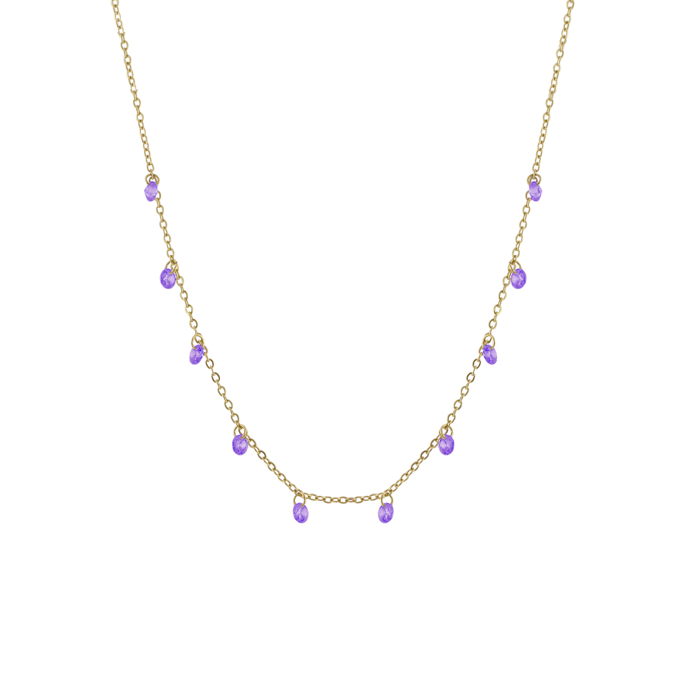 01J27-00042 Κολιέ Dazzling ατσάλινο επίχρυσο με μωβ ζιργκόν