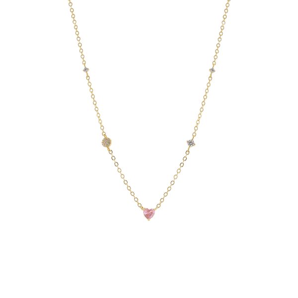 Κολιέ Happy Hearts μεταλλικό επίχρυσο με ροζ καρδιά και λευκά ζιργκόν