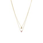 Κολιέ Happy Hearts μεταλλικό επίχρυσο διπλό με ροζ καρδιά και ζιργκόν