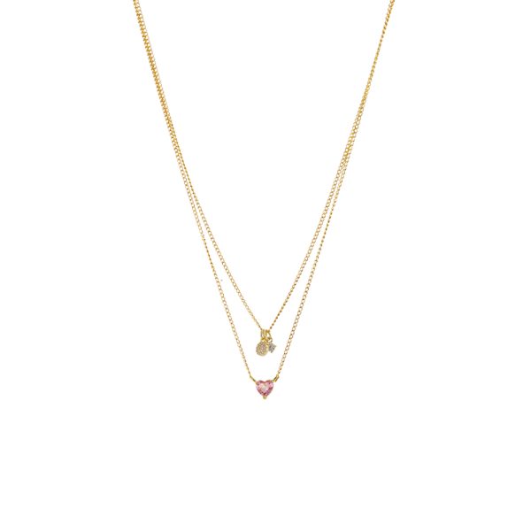 Κολιέ Happy Hearts μεταλλικό επίχρυσο διπλό με ροζ καρδιά και ζιργκόν