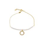 Βραχιόλι Lovely ασημένιο επίχρυσο με λευκές πέρλες και στρογγυλό στοιχείο