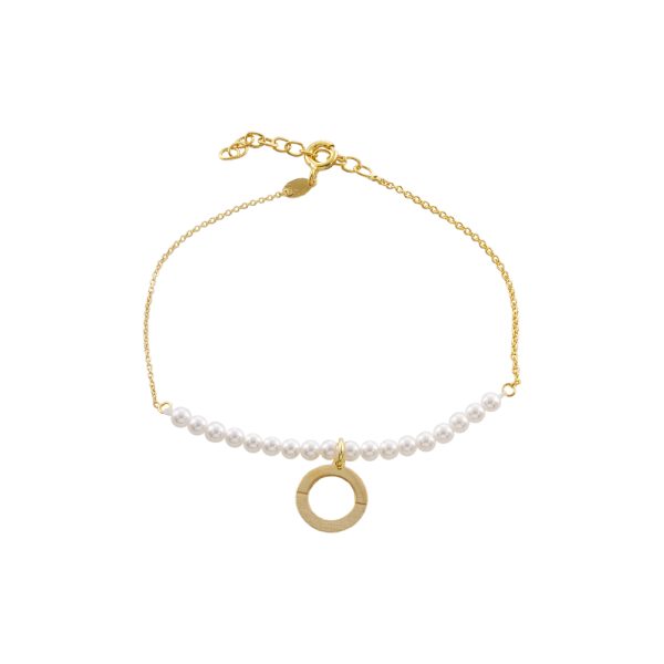 Βραχιόλι Lovely ασημένιο επίχρυσο με λευκές πέρλες και στρογγυλό στοιχείο