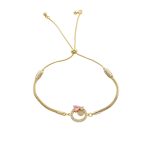 Βραχιόλι Happy Hearts μεταλλικό επίχρυσο με ροζ καρδιά, στοιχείο και ζιργκόν