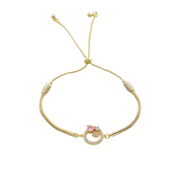 Βραχιόλι Happy Hearts μεταλλικό επίχρυσο με ροζ καρδιά, στοιχείο και ζιργκόν